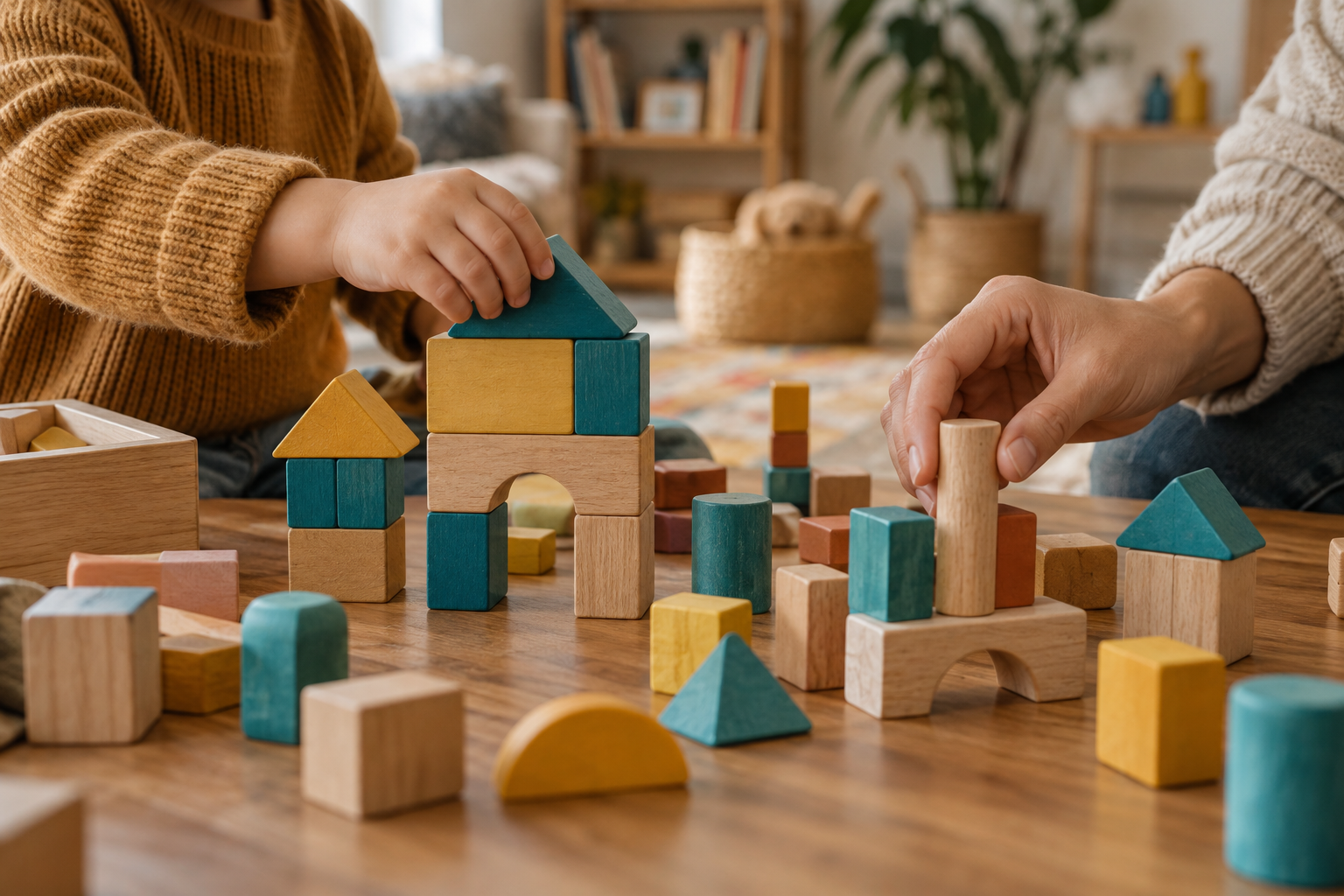 A child and caregiver exploring colourful wooden building blocks together